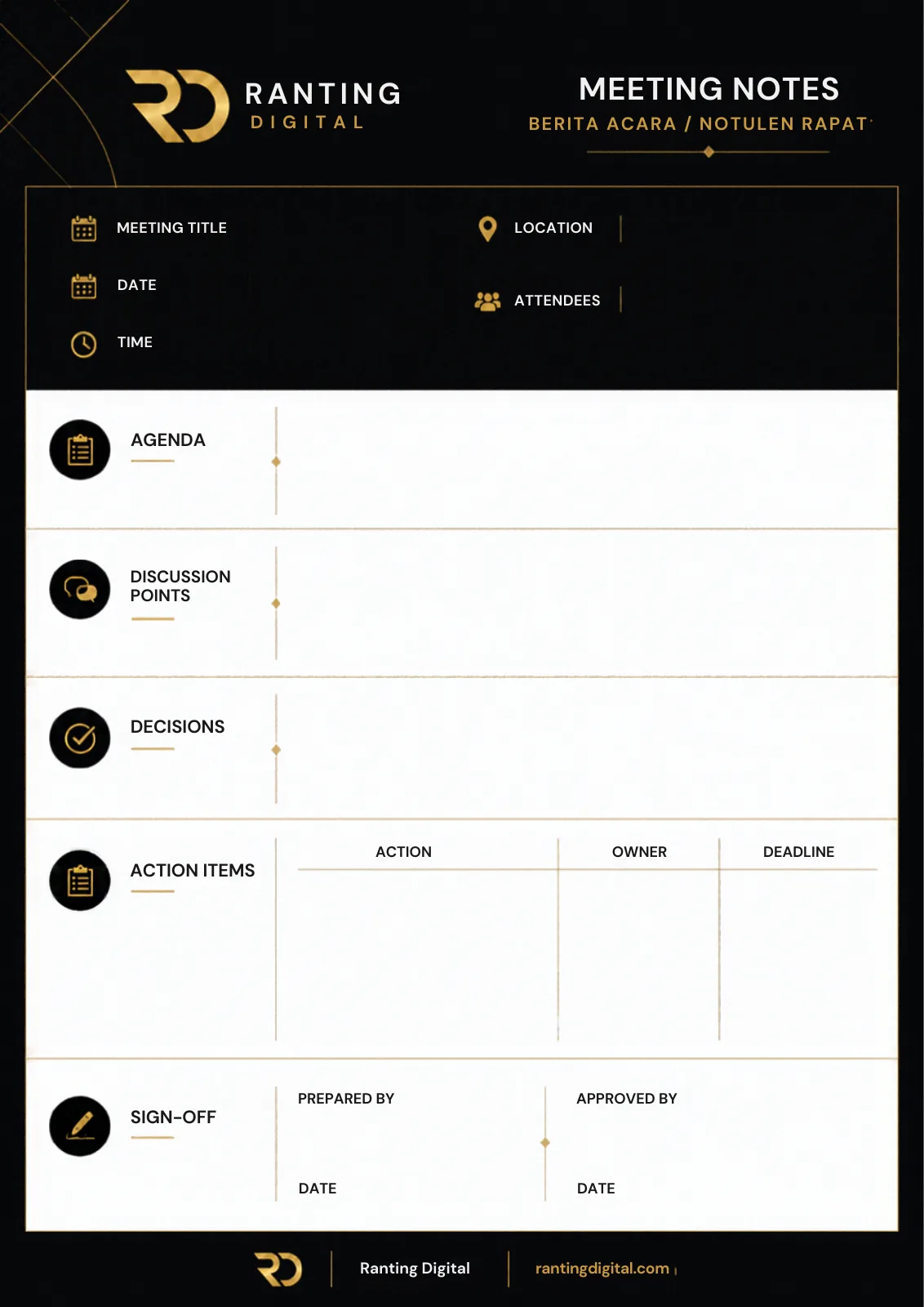 Template meeting notes atau notulen rapat Ranting Digital