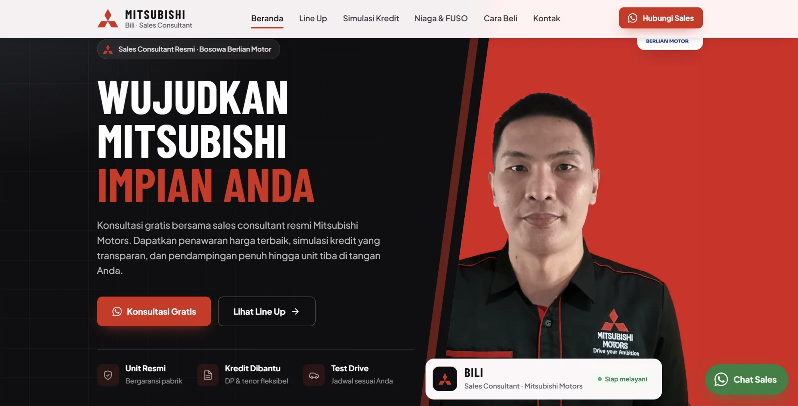 Tampilan website Landing page sales Mitsubishi